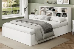 Redom Lit double 140x200 cm en bois massif avec port USB tiroirs et espace de rangement sous le lit blanc sans matelas Best