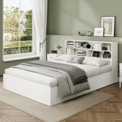 Redom Lit double 140x200 cm en bois massif avec port USB tiroirs et espace de rangement sous le lit blanc sans matelas Best