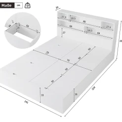 Redom Lit double 140x200 cm en bois massif avec port USB tiroirs et espace de rangement sous le lit blanc sans matelas Best