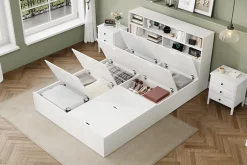 Redom Lit double 140x200 cm en bois massif avec port USB tiroirs et espace de rangement sous le lit blanc sans matelas Best