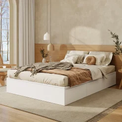 Redom Lit double 140x200 cm en bois massif avec tiroirs et espace de rangement sous le lit blanc sans matelas