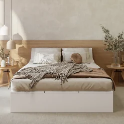 Redom Lit double 140x200 cm en bois massif avec tiroirs et espace de rangement sous le lit blanc sans matelas