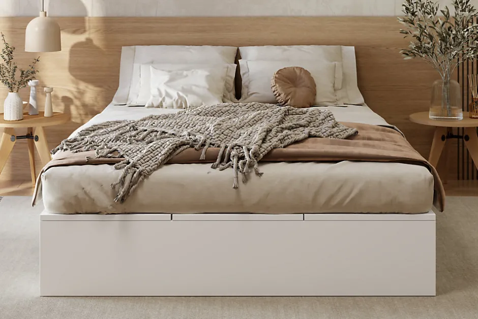 Redom Lit double 140x200 cm en bois massif avec tiroirs et espace de rangement sous le lit blanc sans matelas