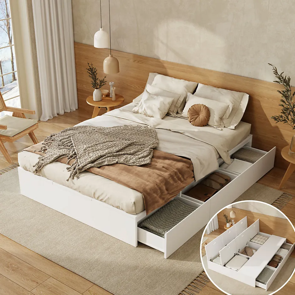 Redom Lit double 140x200 cm en bois massif avec tiroirs et espace de rangement sous le lit blanc sans matelas