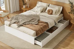 Redom Lit double 140x200 cm en bois massif avec tiroirs et espace de rangement sous le lit blanc sans matelas