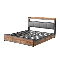 ProximaX Lit double 180x200 cm en fer avec revêtement PU noir mat effet tigre, tête de lit avec rangement et barre LED Best