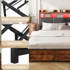 ProximaX Lit double 180x200 cm en fer avec revêtement PU noir mat effet tigre, tête de lit avec rangement et barre LED Best