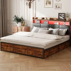 ProximaX Lit double 180x200 cm en fer avec revêtement PU noir mat effet tigre, tête de lit avec rangement et barre LED Best