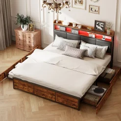 ProximaX Lit double 180x200 cm en fer avec revêtement PU noir mat effet tigre, tête de lit avec rangement et barre LED Best