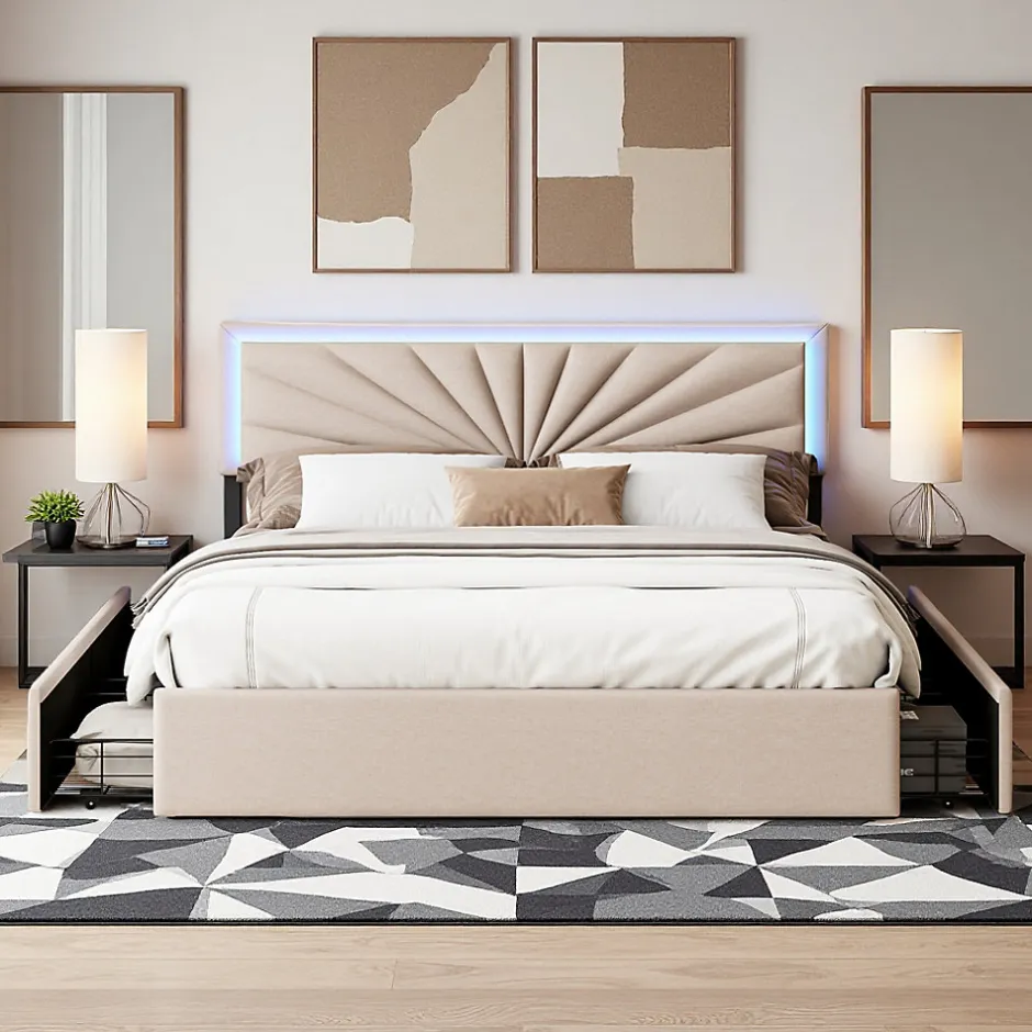 ProximaX Lit double 160x200 cm en lin avec LED, sommier à lattes robuste, 4 tiroirs intégrés, design moderne pour 2 personnes