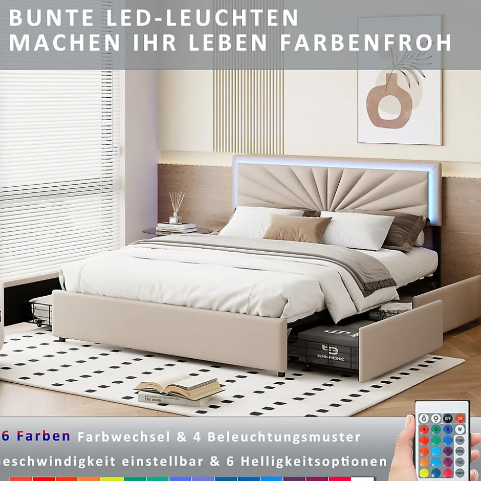 ProximaX Lit double 160x200 cm en lin avec LED, sommier à lattes robuste, 4 tiroirs intégrés, design moderne pour 2 personnes