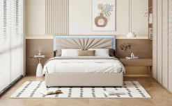 ProximaX Lit double 160x200 cm en lin avec LED, sommier à lattes robuste, 4 tiroirs intégrés, design moderne pour 2 personnes