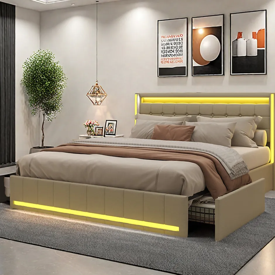 ProximaX Lit double 140x190 cm en lin avec LED, USB, 4 tiroirs de rangement et sommier à lattes, facile à assembler, sans matelas, Beige