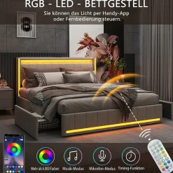 ProximaX Lit double 140x190 cm en lin avec LED, USB, 4 tiroirs de rangement et sommier à lattes, facile à assembler, sans matelas, Beige