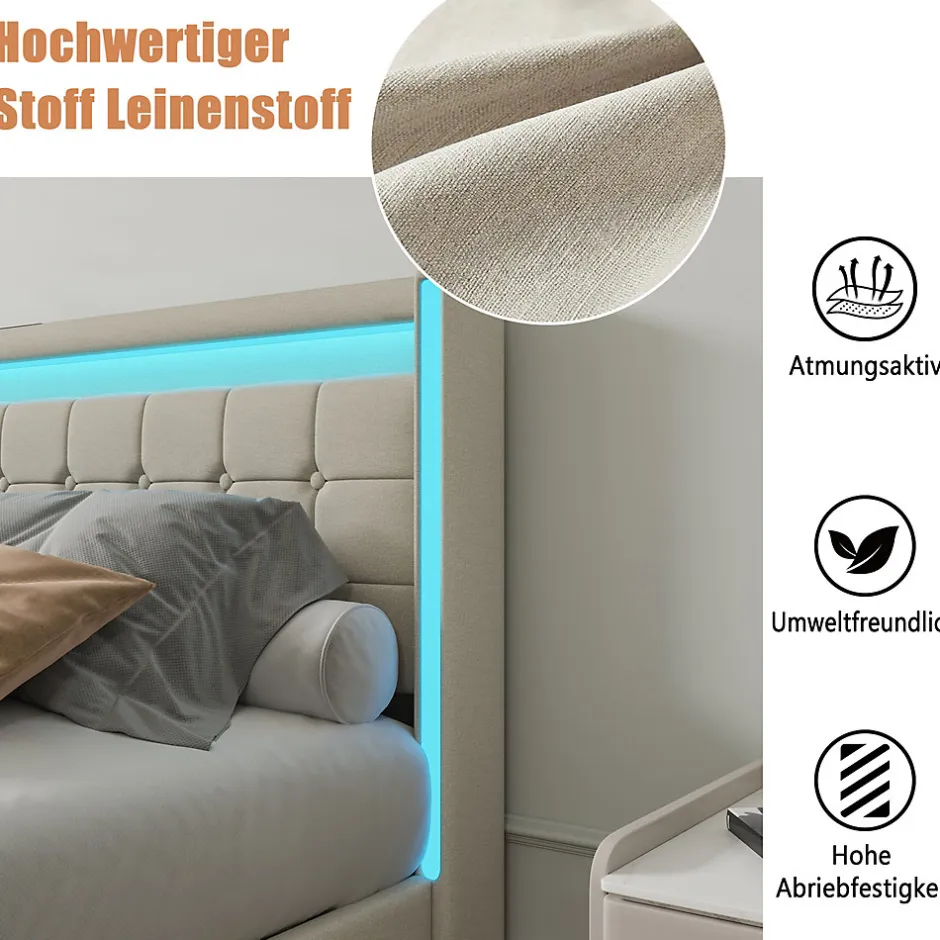 ProximaX Lit double 140x190 cm en lin avec LED, USB, 4 tiroirs de rangement et sommier à lattes, facile à assembler, sans matelas, Beige