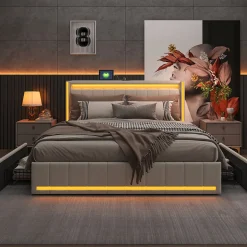 ProximaX Lit double 140x190 cm en lin avec LED, USB, 4 tiroirs de rangement et sommier à lattes, facile à assembler, sans matelas, Beige