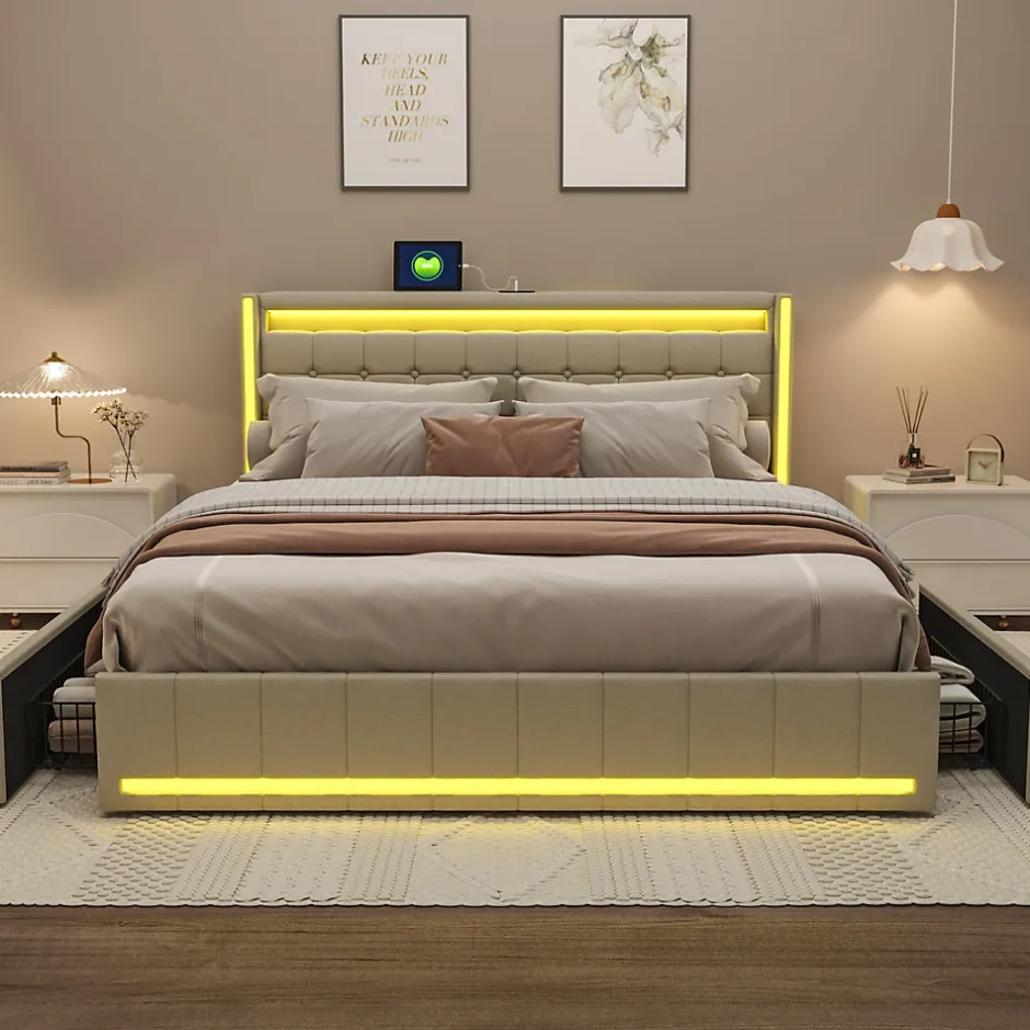ProximaX Lit double 140x190 cm en lin avec LED, USB, 4 tiroirs de rangement et sommier à lattes, facile à assembler, sans matelas, Beige