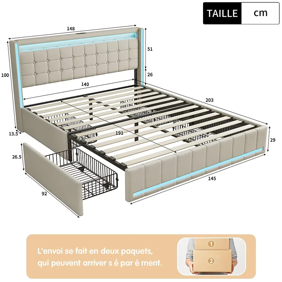 ProximaX Lit double 140x190 cm en lin avec LED, USB, 4 tiroirs de rangement et sommier à lattes, facile à assembler, sans matelas, Beige Discount