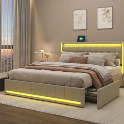 ProximaX Lit double 140x190 cm en lin avec LED, USB, 4 tiroirs de rangement et sommier à lattes, facile à assembler, sans matelas, Beige Discount