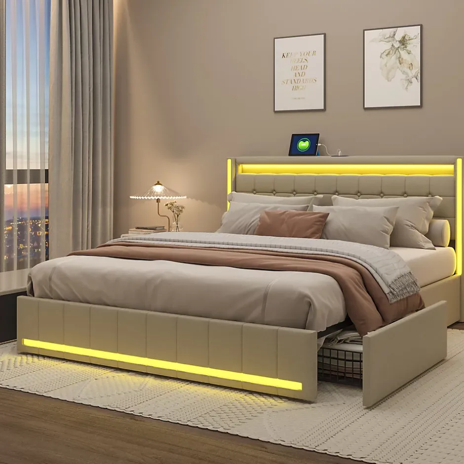 ProximaX Lit double 140x190 cm en lin avec LED, USB, 4 tiroirs de rangement et sommier à lattes, facile à assembler, sans matelas, Beige Discount