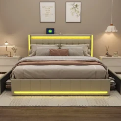 ProximaX Lit double 140x190 cm en lin avec LED, USB, 4 tiroirs de rangement et sommier à lattes, facile à assembler, sans matelas, Beige Discount