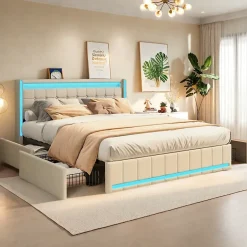 ProximaX Lit double 140x190 cm en lin avec LED, USB, 4 tiroirs de rangement et sommier à lattes, facile à assembler, sans matelas, Beige Discount