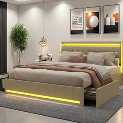 ProximaX Lit double 140x190 cm en lin avec LED, USB, 4 tiroirs de rangement et sommier à lattes, facile à assembler, sans matelas, Beige Discount