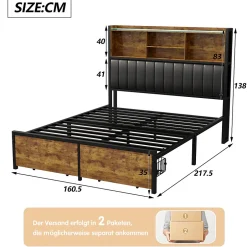 Generique Lit double 140x200 cm en lin beige avec tête de lit LED, ports USB et Type-C, sommier à lattes et rangement intégré