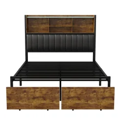 Generique Lit double 140x200 cm en lin beige avec tête de lit LED, ports USB et Type-C, sommier à lattes et rangement intégré
