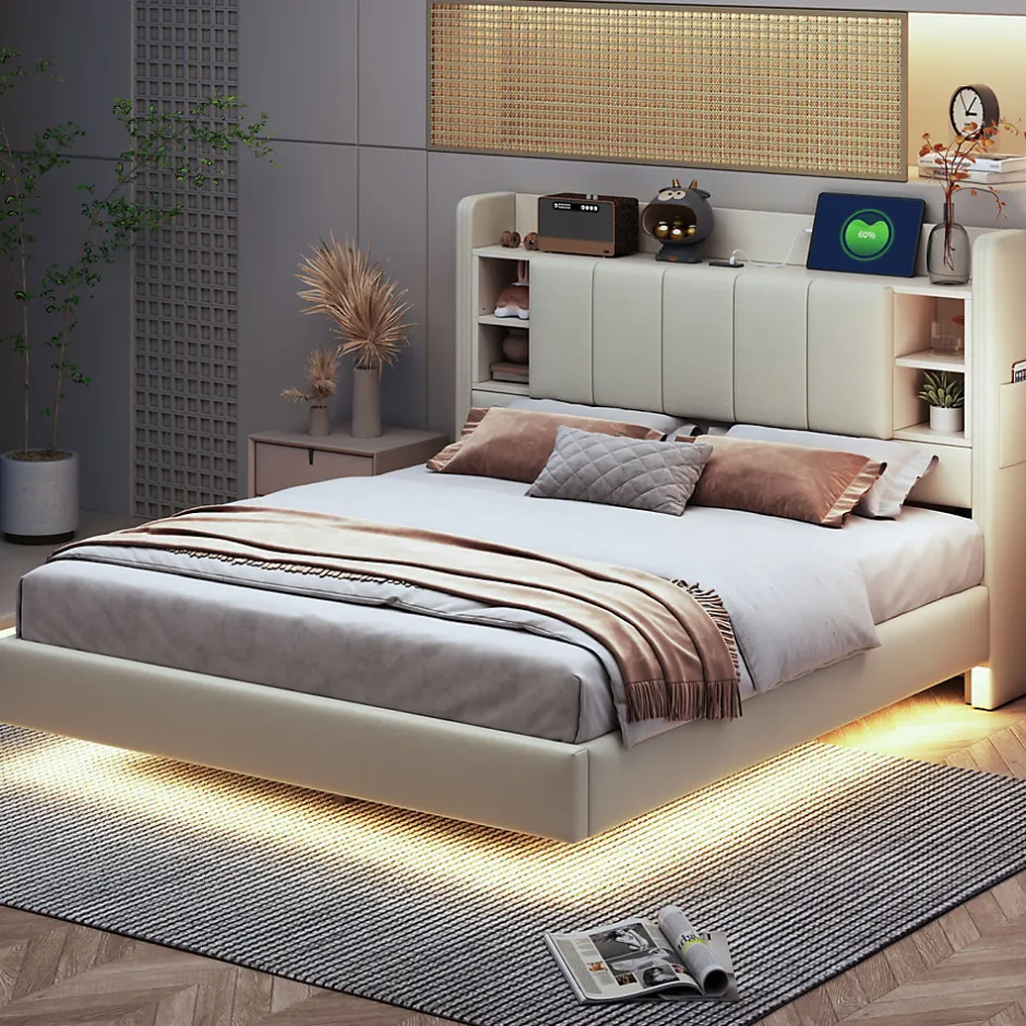 ProximaX Lit double 140x200 cm en lin beige avec cadre métal, tête réversible avec étagères, port USB et bande lumineuse