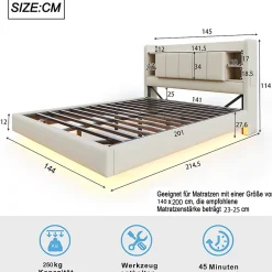 ProximaX Lit double 140x200 cm en lin beige avec cadre métal, tête réversible avec étagères, port USB et bande lumineuse