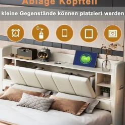 ProximaX Lit double 140x200 cm en lin beige avec cadre métal, tête réversible avec étagères, port USB et bande lumineuse