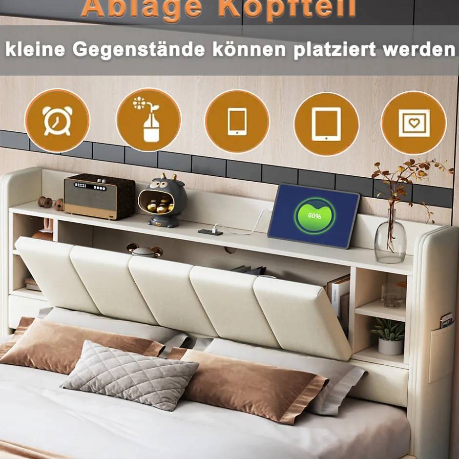 ProximaX Lit double 140x200 cm en lin beige avec cadre métal, tête réversible avec étagères, port USB et bande lumineuse