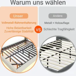 ProximaX Lit double 140x200 cm en lin beige avec cadre métal, tête réversible avec étagères, port USB et bande lumineuse
