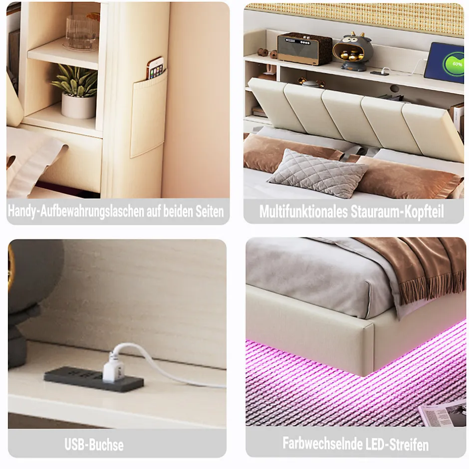 ProximaX Lit double 140x200 cm en lin beige avec cadre métal, tête réversible avec étagères, port USB et bande lumineuse