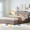 ProximaX Lit double 160x200 cm en lin gris avec 2 tiroirs, tête de lit à poches latérales, rangements intégrés et LED Sale