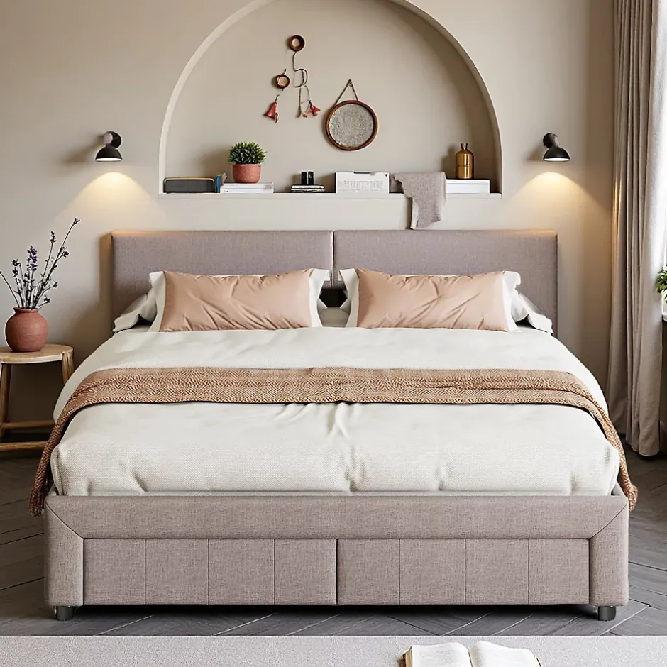 ProximaX Lit double 160x200 cm en lin gris avec 2 tiroirs, tête de lit à poches latérales, rangements intégrés et LED Sale