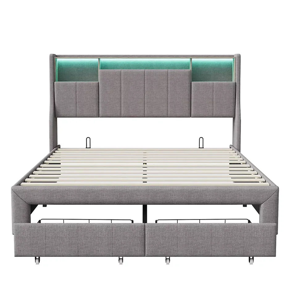 ProximaX Lit double 160x200 cm en lin gris avec 2 tiroirs, tête de lit à poches latérales, rangements intégrés et LED Sale