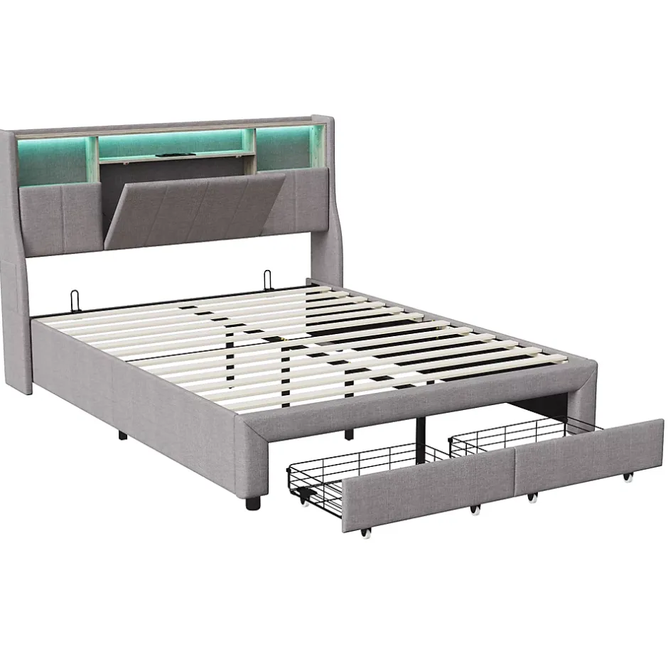 ProximaX Lit double 160x200 cm en lin gris avec 2 tiroirs, tête de lit à poches latérales, rangements intégrés et LED Sale