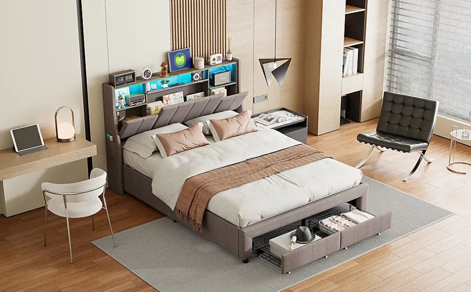 ProximaX Lit double 160x200 cm en lin gris avec 2 tiroirs, tête de lit à poches latérales, rangements intégrés et LED Sale