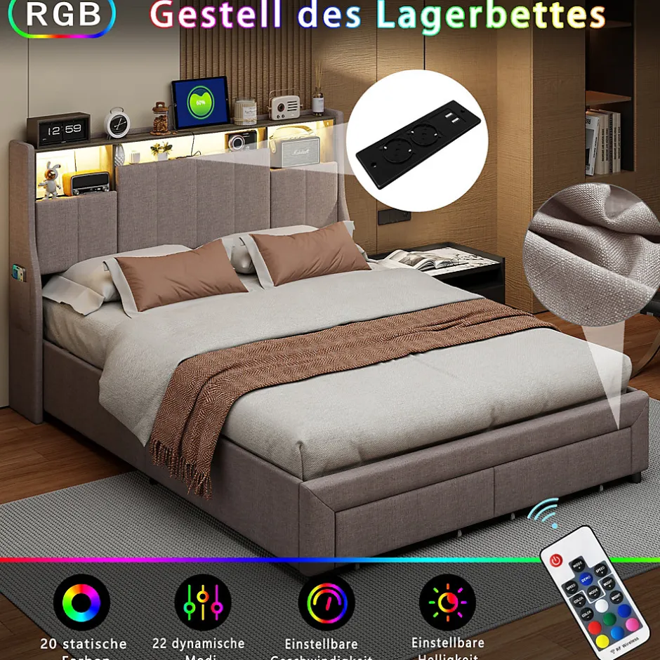 ProximaX Lit double 160x200 cm en lin gris avec 2 tiroirs, tête de lit à poches latérales, rangements intégrés et LED Sale