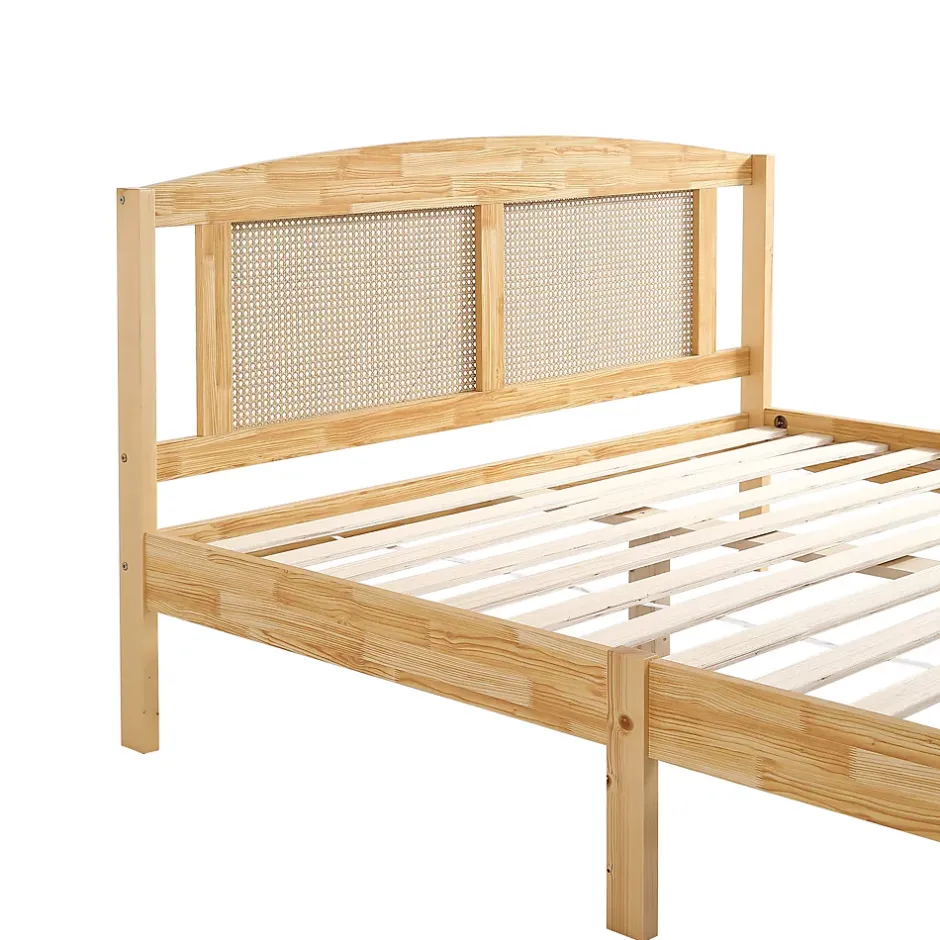 ProximaX Lit Double 160x200 cm en Pin et Rotin PE avec Coussin, 15 Lattes et Pied Central, Lit pour Adolescents et Adultes Sale