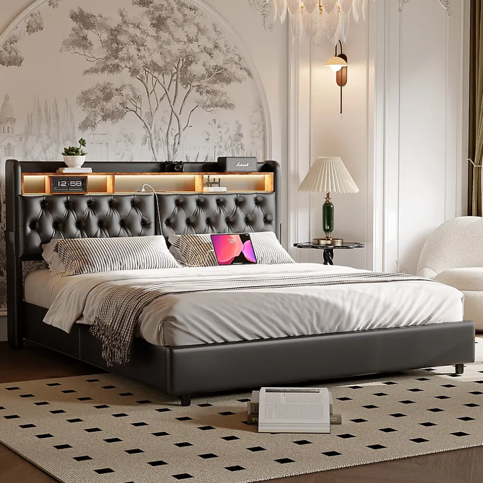 ProximaX Lit double 180x200 cm en PU noir avec coffre à vérin, tête de lit LED, rangement pratique et ports USB EU intégrés Discount