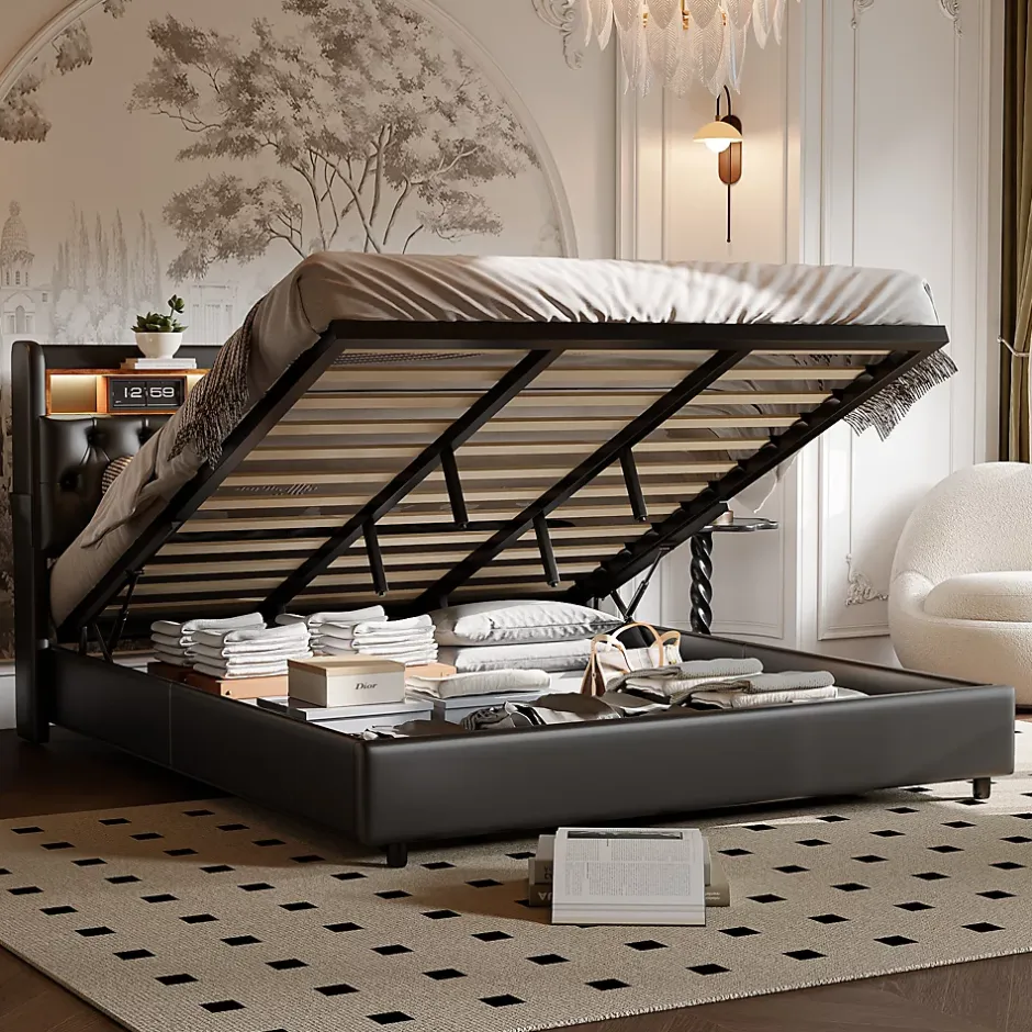 ProximaX Lit double 180x200 cm en PU noir avec coffre à vérin, tête de lit LED, rangement pratique et ports USB EU intégrés Discount