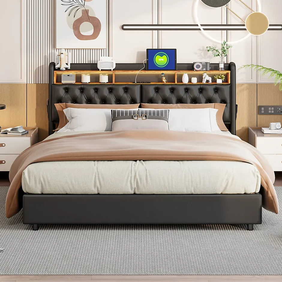 ProximaX Lit double 180x200 cm en PU noir avec coffre à vérin, tête de lit LED, rangement pratique et ports USB EU intégrés Discount