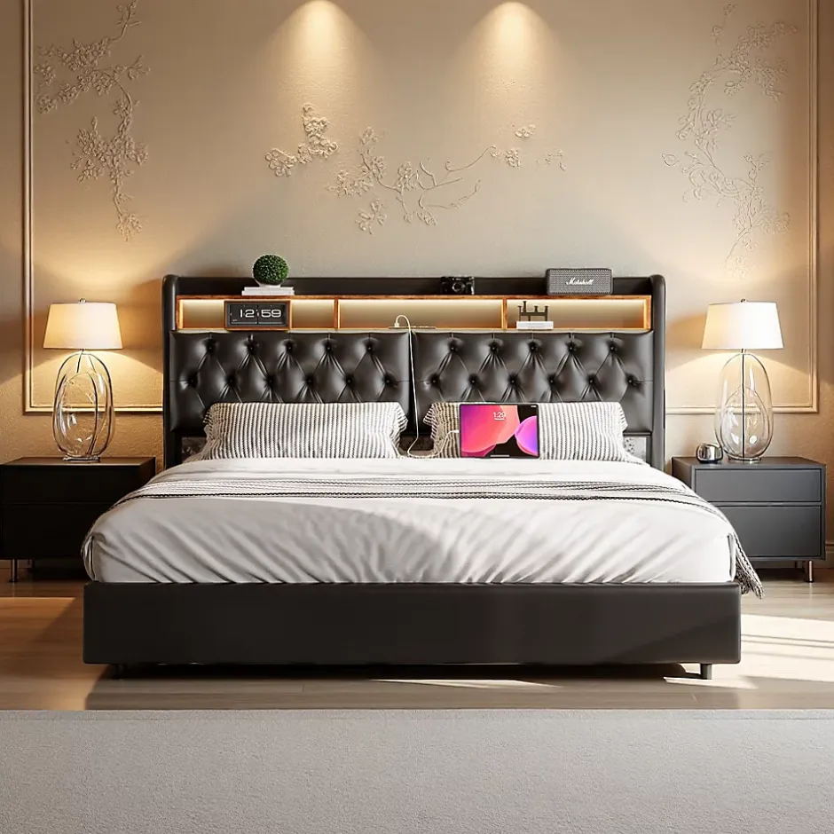 ProximaX Lit double 180x200 cm en PU noir avec coffre à vérin, tête de lit LED, rangement pratique et ports USB EU intégrés Discount