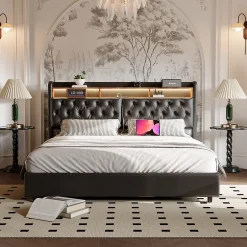 ProximaX Lit double 180x200 cm en PU noir avec coffre à vérin, tête de lit LED, rangement pratique et ports USB EU intégrés Discount