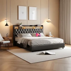 ProximaX Lit double 180x200 cm en PU noir avec coffre à vérin, tête de lit LED, rangement pratique et ports USB EU intégrés Discount
