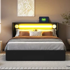 ProximaX Lit double 140x200 cm en similicuir noir avec LED, lecteur Bluetooth, ports USB et rangement, lit pratique et moderne