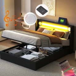 ProximaX Lit double 140x200 cm en similicuir noir avec LED, lecteur Bluetooth, ports USB et rangement, lit pratique et moderne